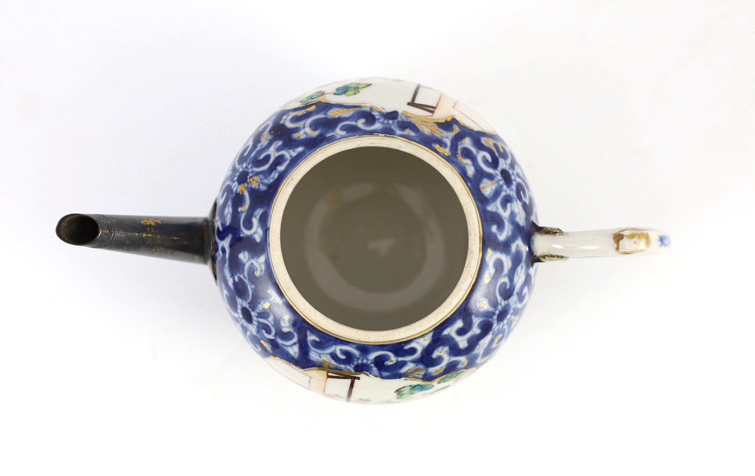 A Chinese export famille rose part tea and coffee set, Qianlong period, teapot 15cm high, some damage and wear to gilding